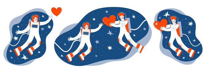 Obraz premium Set of illustrations on the theme of space. Astronauts fly in outer space among the stars. A man gives his heart to a woman. ard or banner for Valentine s day. Cosmic love. Colors are red and blue.