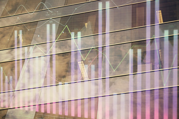 Obraz premium Forex chart on cityscape with tall buildings background multi exposure. Financial research concept.