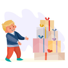 little boy sees in front of him many gifts in boxes with bananas and enjoys such a surprise, vector illustration