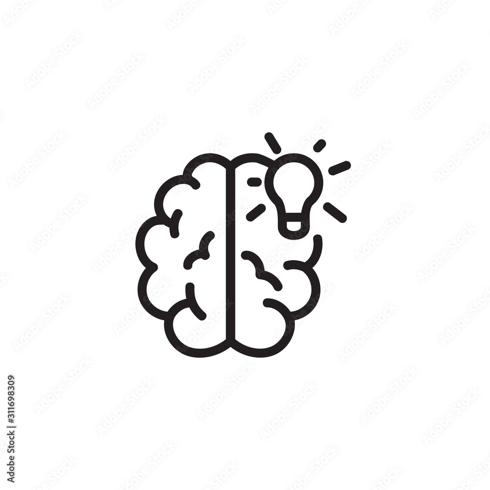 Wall mural brain with lightbulb thin line icon. creative idea, innovation, solution isolated outline sign. star