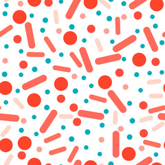 Fototapeta na wymiar Circles and ovals - seamless pattern. Small and large isolated circles and ovals of red tones are randomly scattered on a white background. It looks like a pill or bacteria.