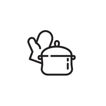 Cooking pot with oven glove thin line icon. Saucepan, boiling, food preparation isolated outline sign. Cooking concept. Vector illustration symbol element for web design and apps