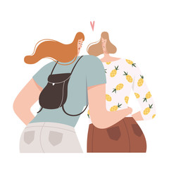 Two women cuddle and kiss. Lesbian couple in a romantic relationship. Isolated on white background.