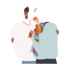 Two men hug each other. A gay couple in a romantic relationship. Gay in a scarf with a rainbow.