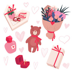 Set of gifts for Valentine's Day. Bouquet of flowers, sweets, perfume, toy, ring