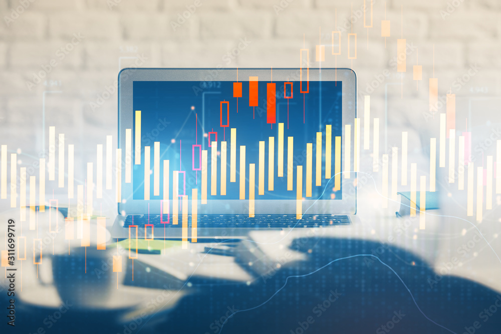 Aufkleber stock market graph on background with desk and personal computer. multi exposure. concept of financi