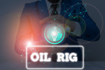 Conceptual hand writing showing Oil Rig. Concept meaning large structure with equipment to remove oil from under the seabed