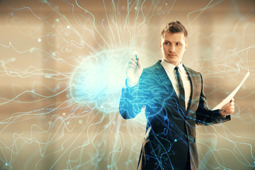 Man and brain icon hologram. Double exposure. Concept of data development