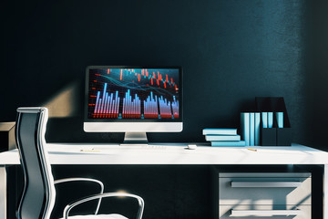 Cabinet desktop interior with financial charts and graphs on computer screen. Concept of stock market analysis and trading. 3d rendering.