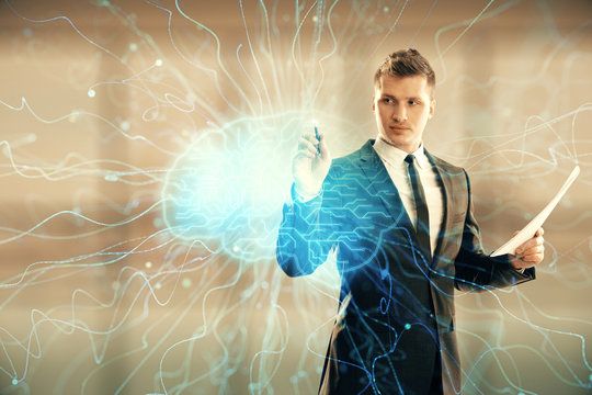 Man and brain icon hologram. Double exposure. Concept of data development