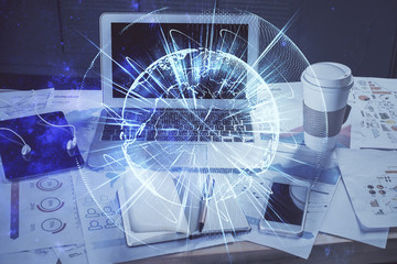 Multi exposure of business theme icons and work space with computer background. Concept of success.