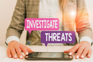 Word writing text Investigate Threats. Business photo showcasing carry out a systematic inquiry on...