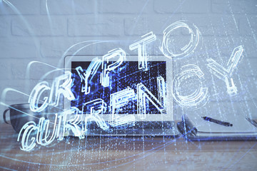 Double exposure of blockchain theme hologram and table with computer background. Concept of bitcoin...