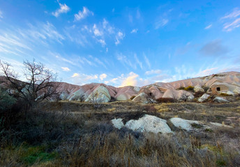Valley of old geological formations in the form of rocks and caves. A popular tourist destination. The place where they fly in balloons. Cappadocia. Turkey. November 5, 2019.