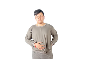 Portrait of fatty boy hold and show his big belly isolated on white background.