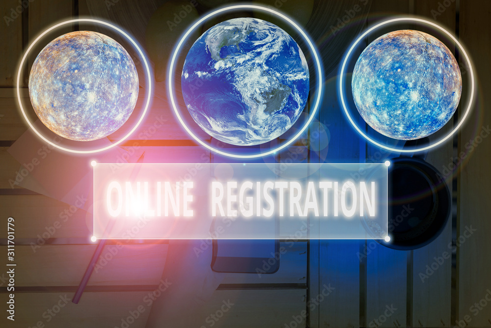 Poster writing note showing online registration. business concept for registering via the internet as a use