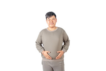 Portrait of a fatty boy hold his big belly isolated on white background  S
