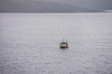 Naklejka premium aerial view of a small trawler in the fjords