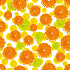 Fototapeta na wymiar seamless texture of a set with juicy slices of orange, lemon, lime on a white background for a menu, recipe, concept of vegetarian, vitamin and healthy food, background, pattern for textile, wallpaper