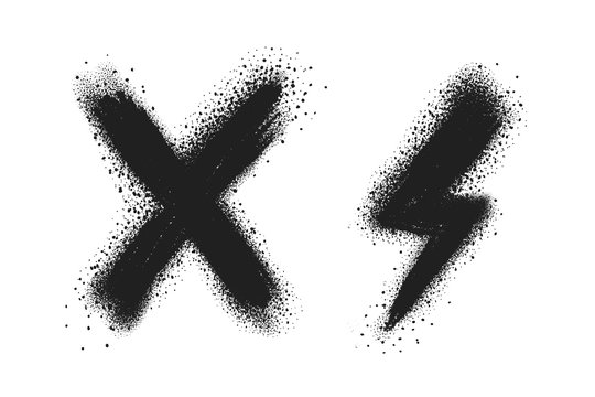 X and Thunder bolt Symbol Spray Paint Vector Elements isolated on White Background, Lines and Drips Black ink splatters, Ink blots set, Street style.