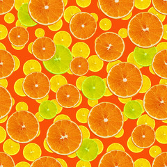 set seamless texture with juicy slices of orange, lemon, lime on an orange background for menu or recipe, concept of vegetarian, vitamin and healthy food, background, pattern for textile, wallpaper
