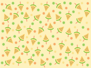 Fototapeta na wymiar Seamless cute watermelon ice cream with tropical fruits (Orange ,Lime) pattern on yellow background design for backdrop ,wallpaper ,poster ,postcard and cover book.Summer concept.Vector.