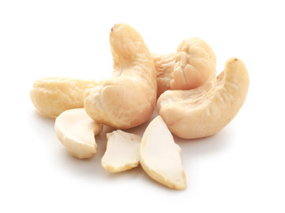 Tasty cashew nuts on white background