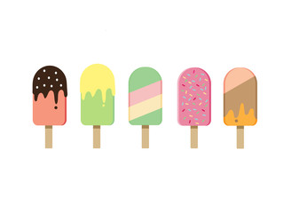 Rainbow vanilla ice cream collection set on wooden strick in different flavour isolated on white background.Vector.