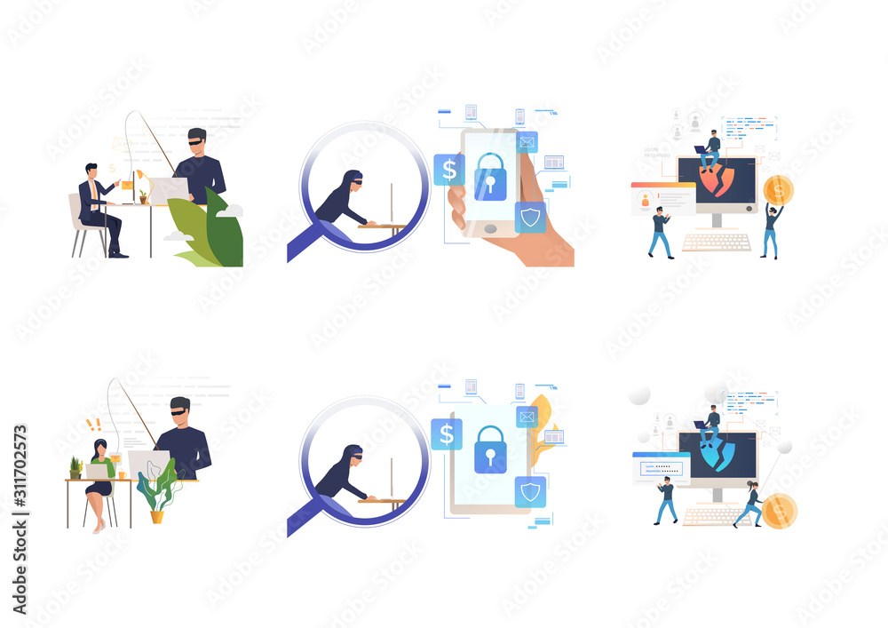 Poster set of cyber burglars breaking private info. flat vector illustrations of cyber criminal hacking int