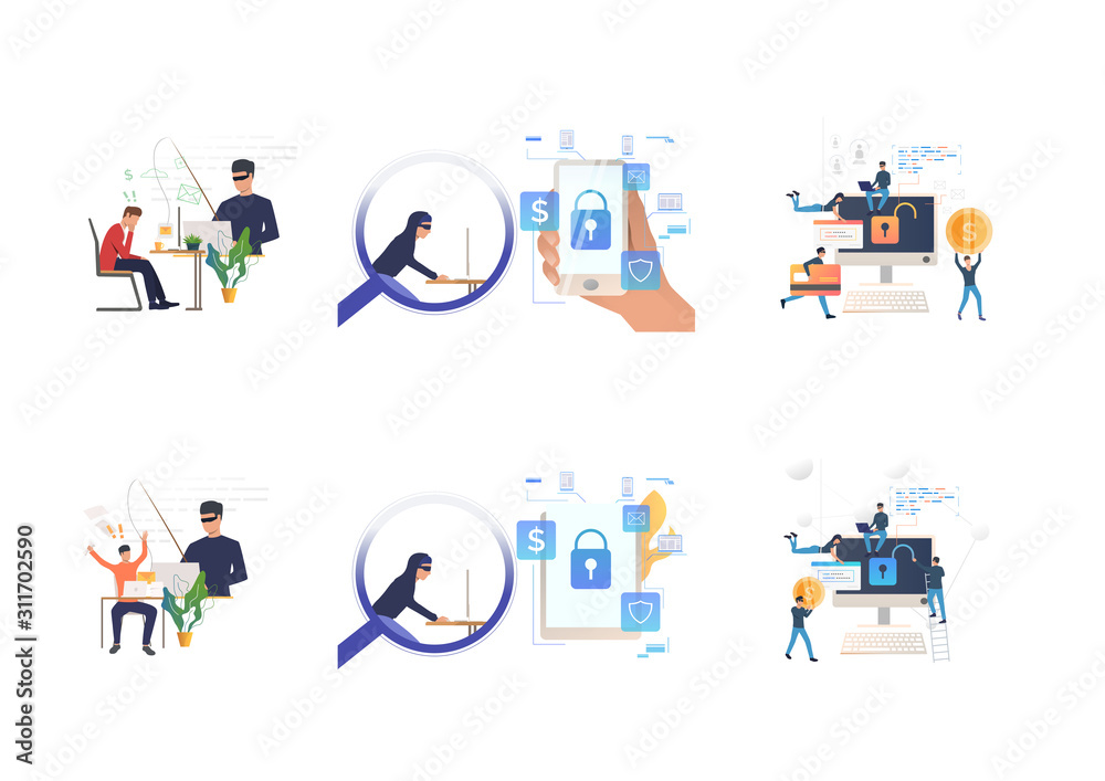 Aufkleber set of hackers breaking private info. flat vector illustrations of cyber criminal hacking into digit