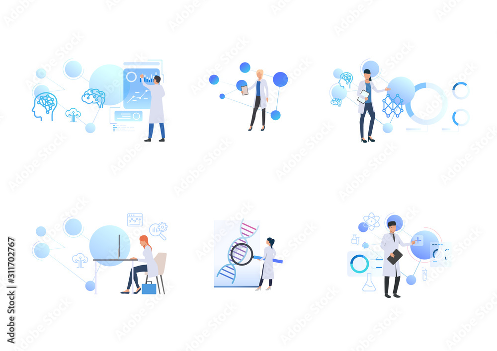 Poster set of scientists exploring exploring neuron cells of brain. flat vector illustrations of technology