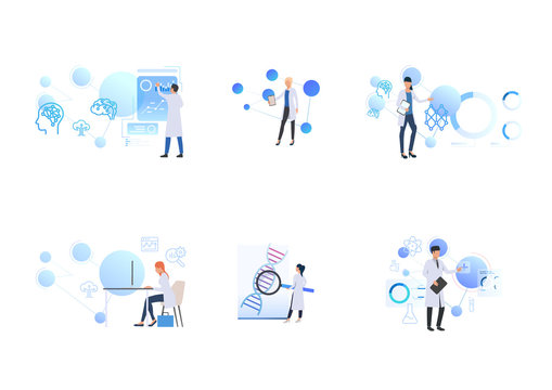 Set of scientists exploring exploring neuron cells of brain. Flat vector illustrations of technology, chemistry, laboratory, DNA. Science concept for banner, website design or landing web page