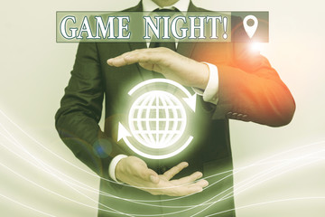 Word writing text Game Night. Business photo showcasing usually its called on adult play dates like...