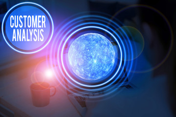 Text sign showing Customer Analysis. Business photo showcasing systematic examination of a company s is customer information Elements of this image furnished by NASA