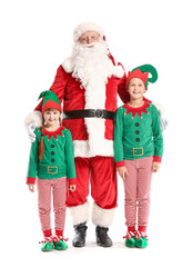 Santa Claus and little elf kids on white background