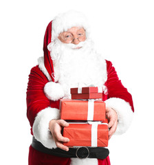 Santa Claus with gifts on white background