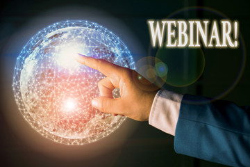 Text sign showing Webinar. Business photo text a seminar or other presentation that takes place on the Internet Elements of this image furnished by NASA