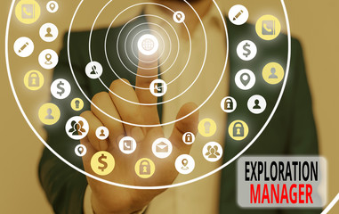 Conceptual hand writing showing Exploration Manager. Concept meaning lead and operate the mining...