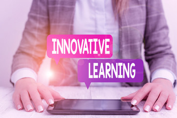 Word writing text Innovative Learning. Business photo showcasing Interdisciplinary teaching that stirs analytic thinking Business woman sitting with mobile phone on the table