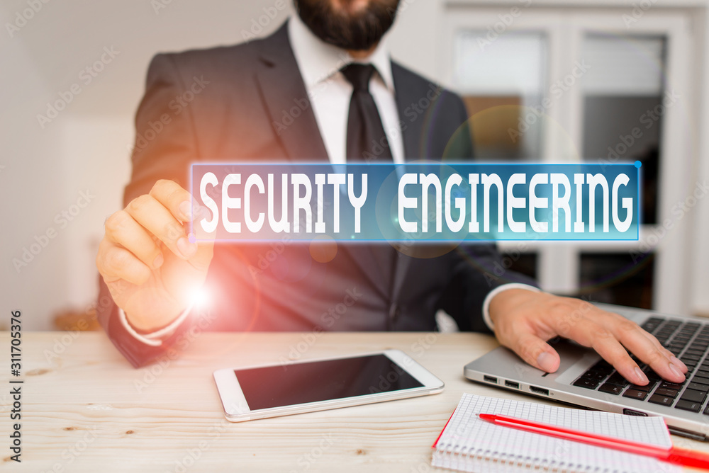 Poster writing note showing security engineering. business concept for focus on the security aspects in the