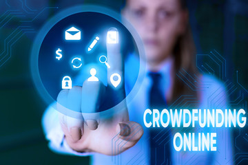 Conceptual hand writing showing Crowdfunding Online. Concept meaning raising small amounts of money...