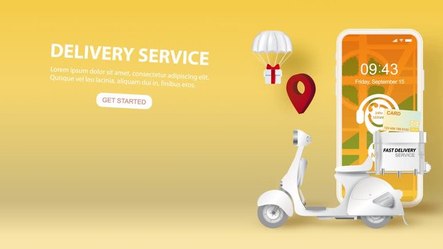 Video Footage of smartphone with Online delivery service application concept.Holiday Summer season.Motorcycle ship Paper cut and craft.Motion Graphic motorcycle transport.Parachute gift box fly air