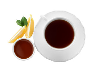 Fresh tea and honey on white background, top view