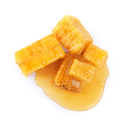 Pieces of tasty fresh honeycomb isolated on white, top view