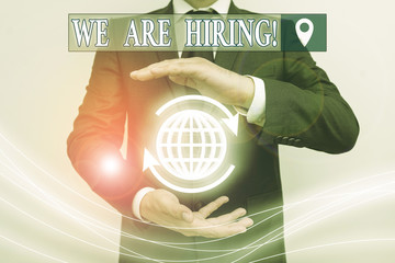 Word writing text We Are Hiring. Business photo showcasing recently you employ someone or pay...