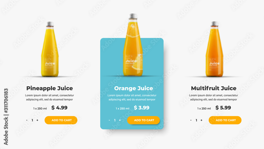 Poster UI product card template for web site. Design with interface elements, button and text for shopping products and adding to the cart.