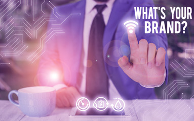 Text sign showing What S Your Brand Question. Business photo showcasing asking about product logo...