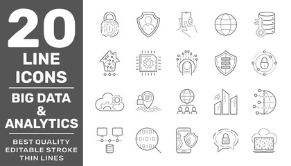 Big data and Data analysis vector line icons, minimal pictogram design. Editable Stroke. EPS 10
