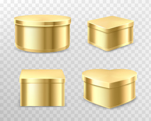 Golden tin boxes for tea, coffee or candies. Vector realistic mockup of round, square and heart shape cans for gift packaging sweets, biscuits isolated on transparent background