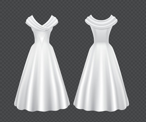 White wedding woman dress isolated on transparent background. Vector realistic mock up of elegant retro female evening gown with long skirt and short sleeves in front and back view